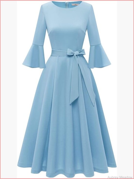 Dresses & Skirts - Vintage Bell Sleeve Swing Midi Dress with Belt for Church Wedding Cocktail